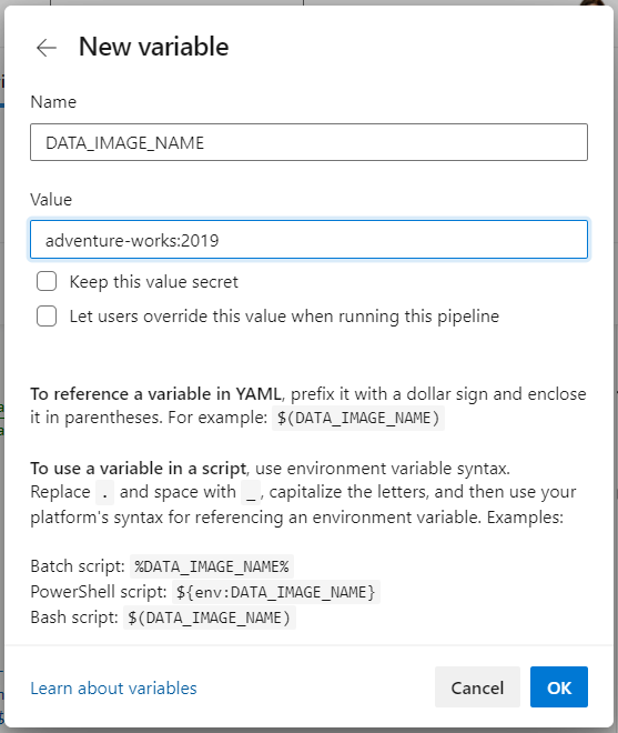 Azure DevOps pane when adding a new variable