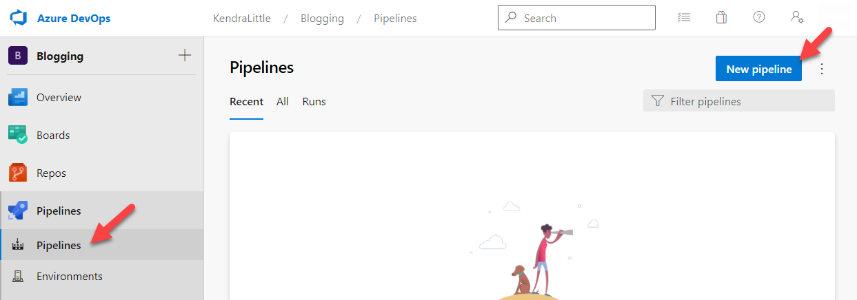 Azure DevOps pipelines screen with the New pipeline button