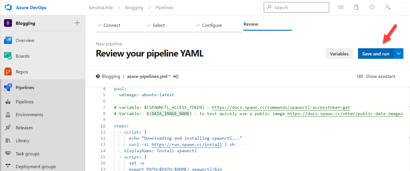 Azure DevOps save and run button for the pipeline