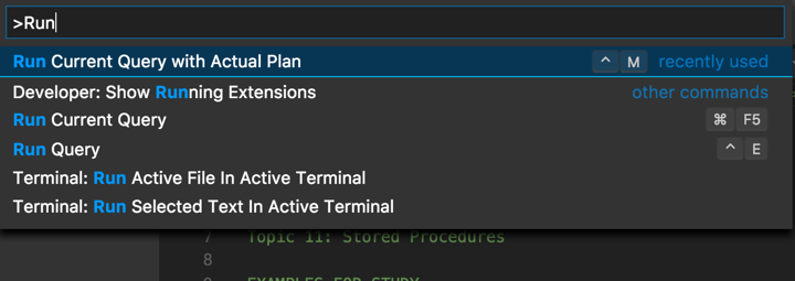 Using the command palette to run a query with actual plans