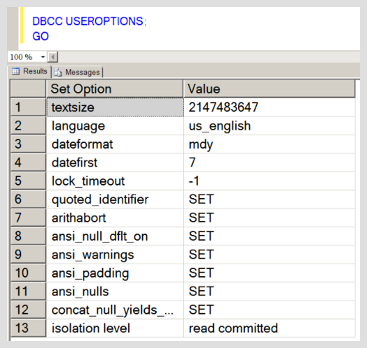 DBCC USEROPTIONS