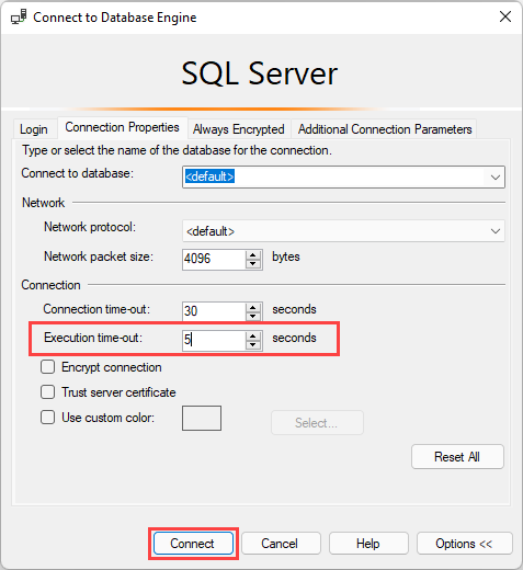 screenshot of the connection options dialog in SSMS. Execution time-out is set to 5.