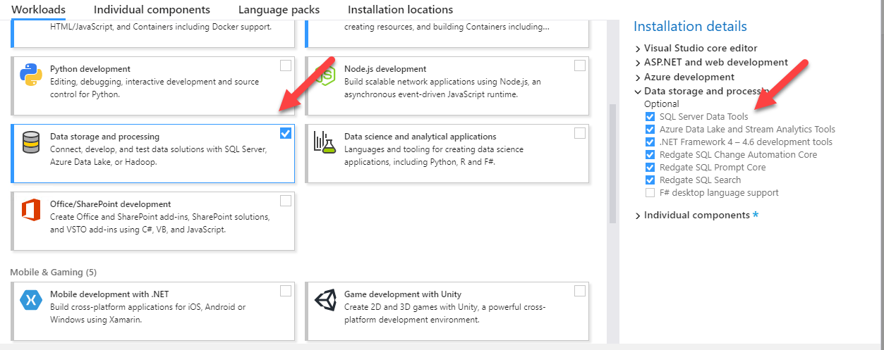 Image of visual studio 2017 workload options at install time